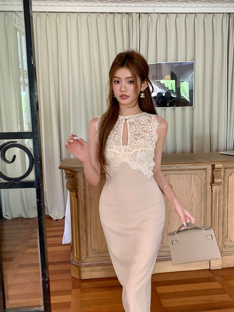 Lace Spliced Sleeveless Hollow Out Dress