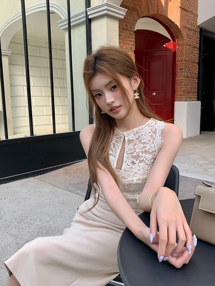 Lace Spliced Sleeveless Hollow Out Dress