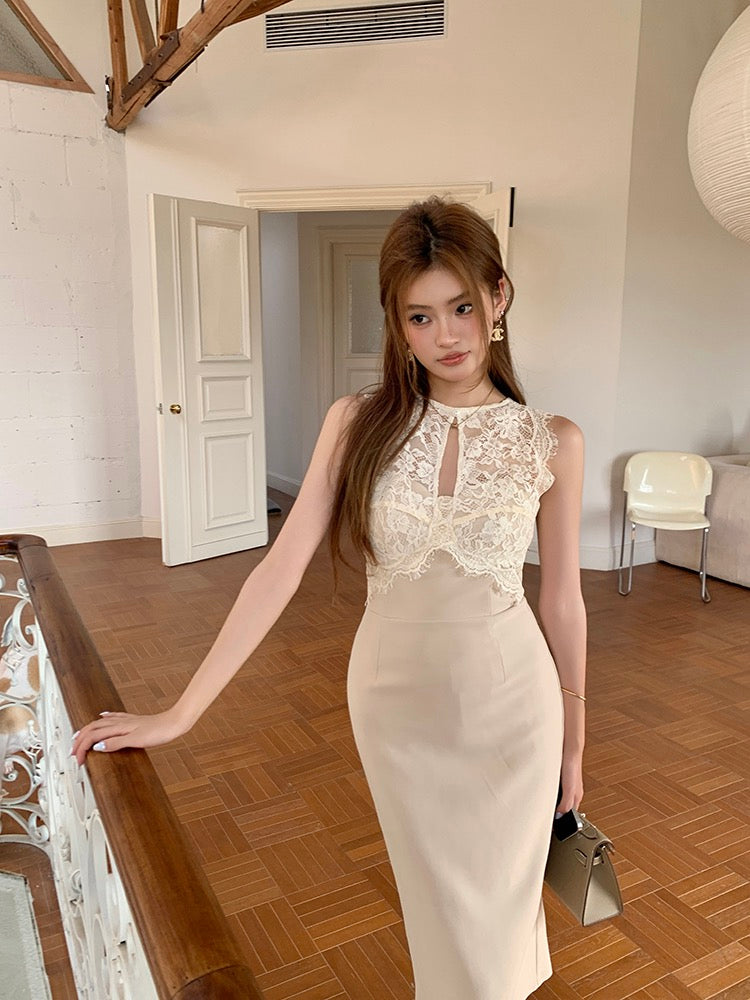 Lace Spliced Sleeveless Hollow Out Dress