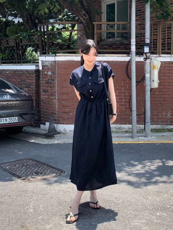 Waist-cinched Drawstring Side-slit Dress