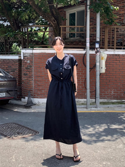 Waist-cinched Drawstring Side-slit Dress