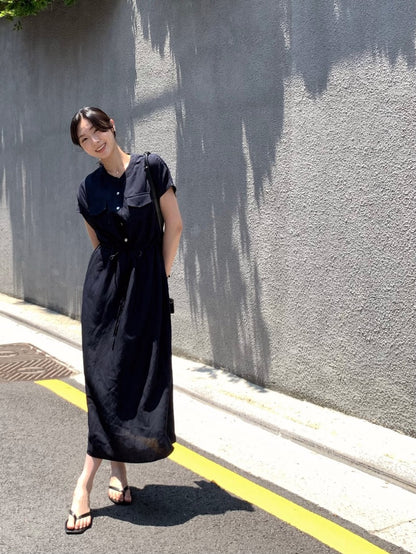 Waist-cinched Drawstring Side-slit Dress