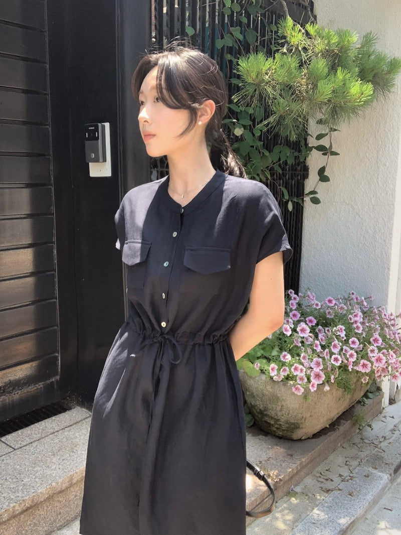 Waist-cinched Drawstring Side-slit Dress