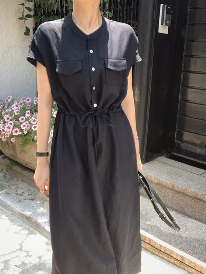 Waist-cinched Drawstring Side-slit Dress