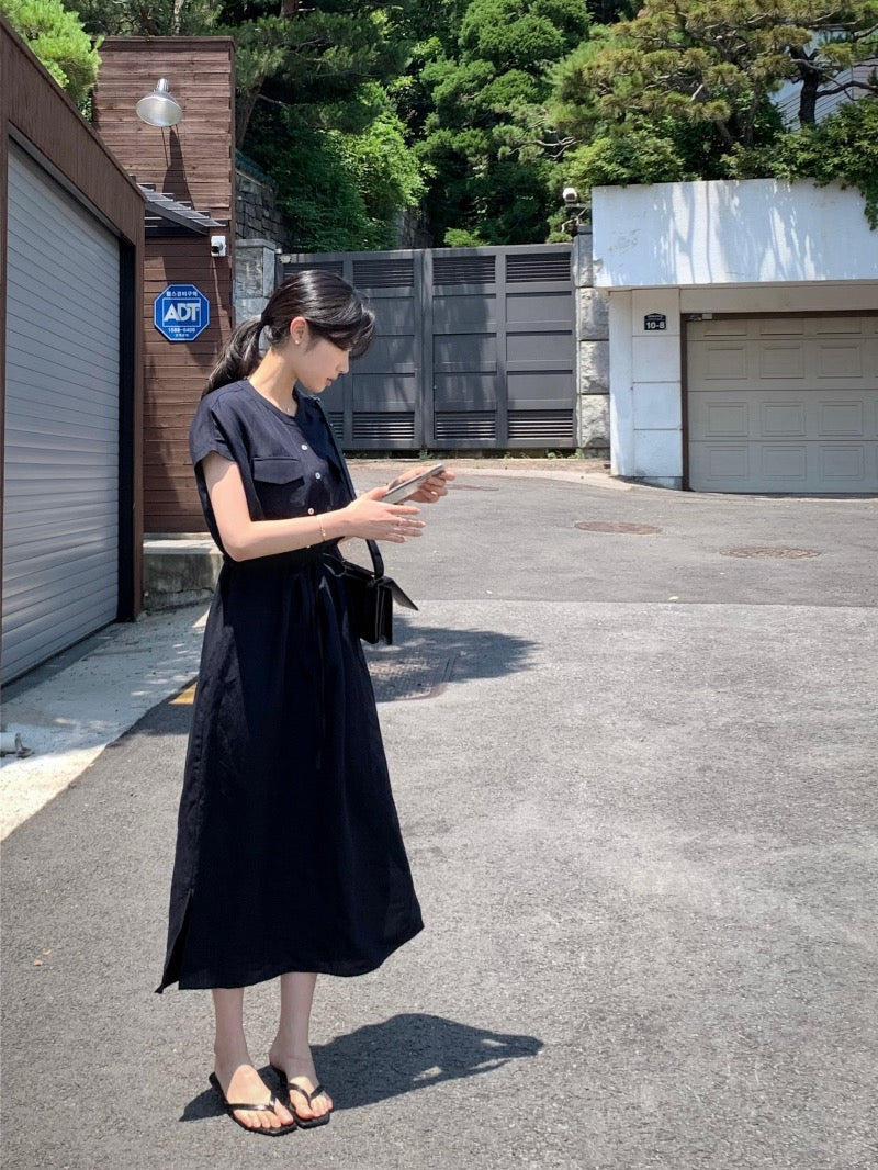 Waist-cinched Drawstring Side-slit Dress