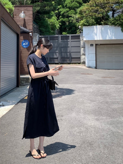 Waist-cinched Drawstring Side-slit Dress