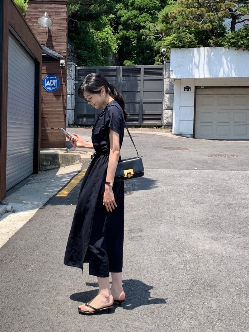 Waist-cinched Drawstring Side-slit Dress