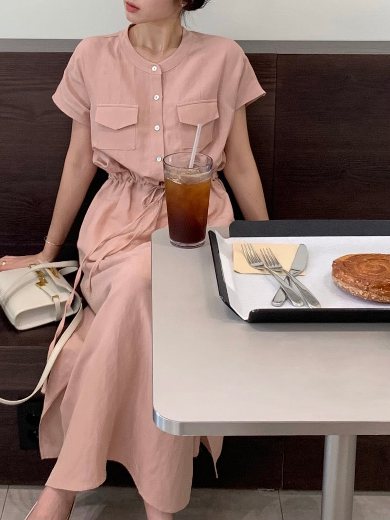 Waist-cinched Drawstring Side-slit Dress