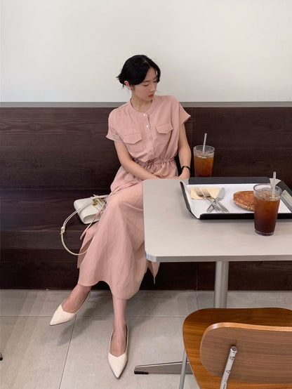 Waist-cinched Drawstring Side-slit Dress