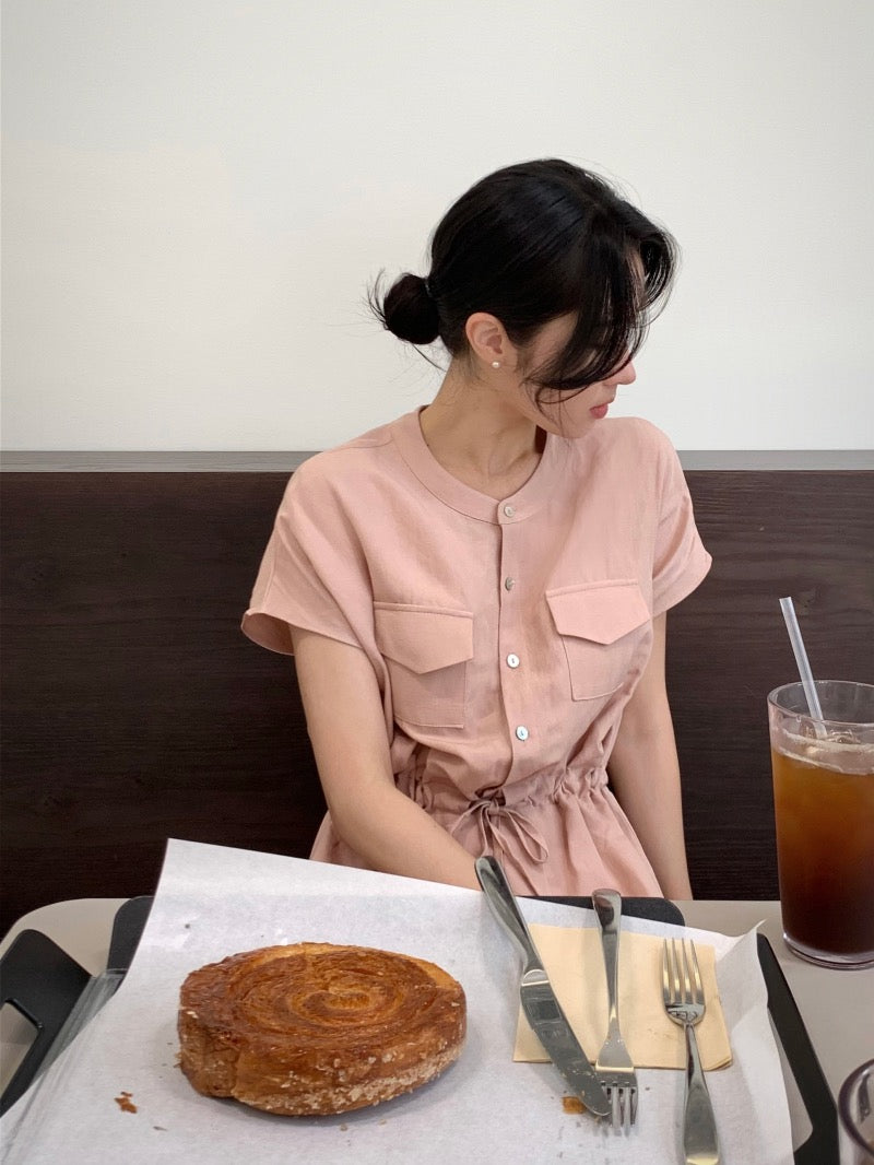 Waist-cinched Drawstring Side-slit Dress