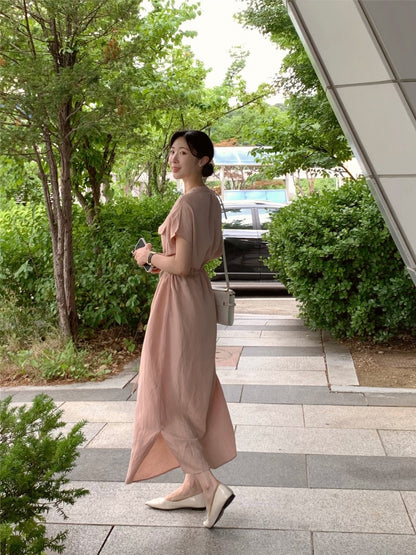 Waist-cinched Drawstring Side-slit Dress