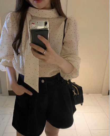 Polka Dot Bow Tie Sweet Blouse