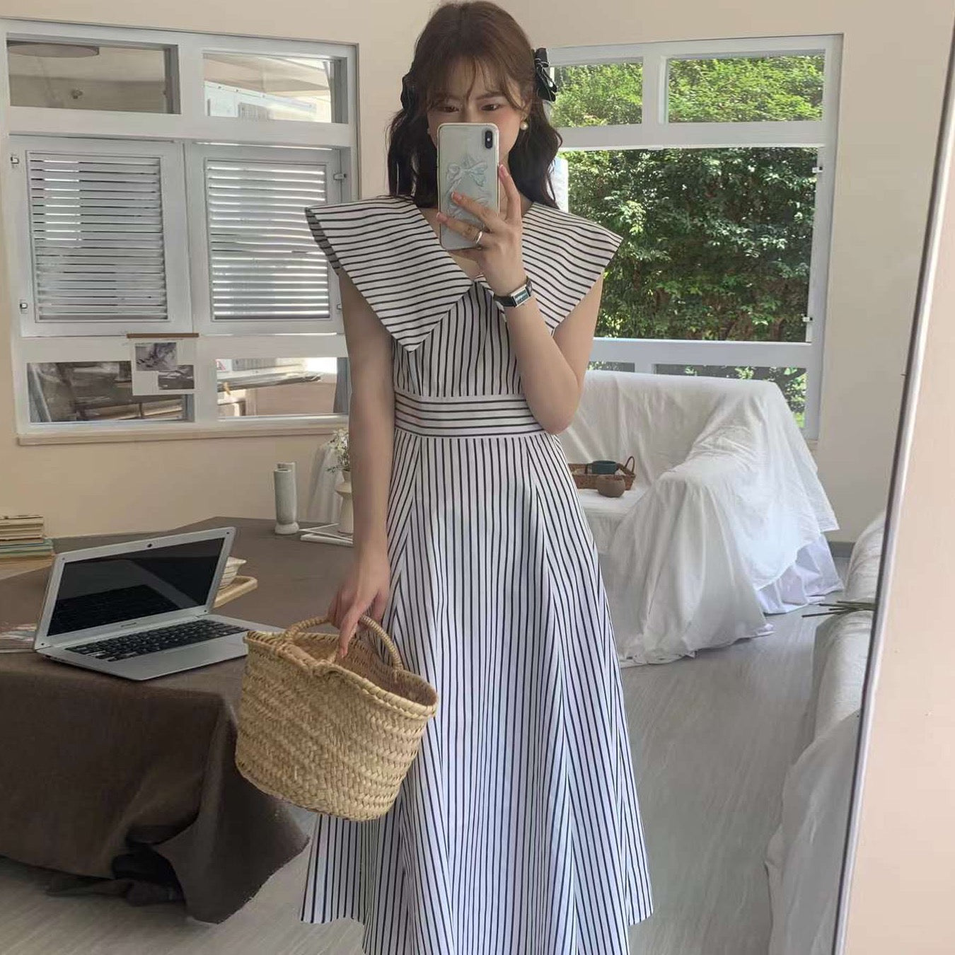 Collared Waist-Tie Striped Dress