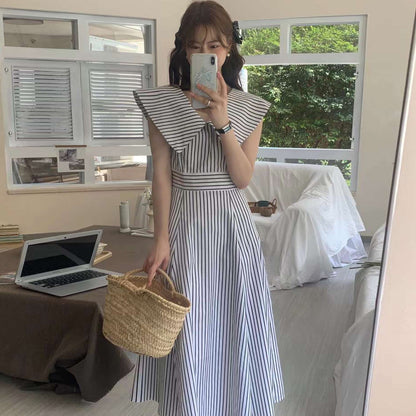 Collared Waist-Tie Striped Dress