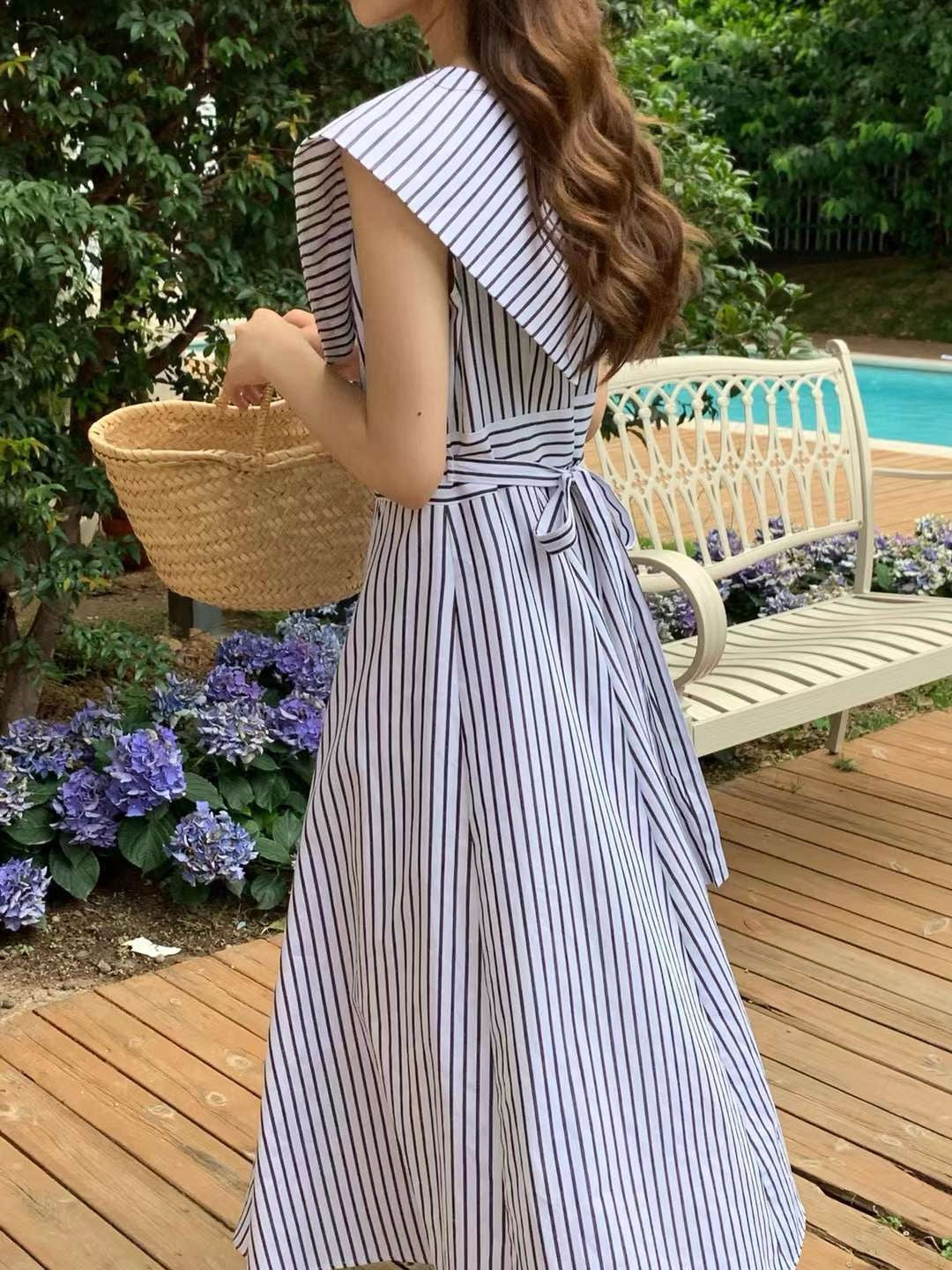 Collared Waist-Tie Striped Dress