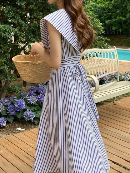 Collared Waist-Tie Striped Dress