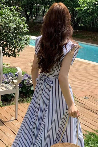 Collared Waist-Tie Striped Dress