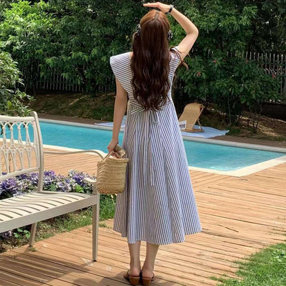 Collared Waist-Tie Striped Dress