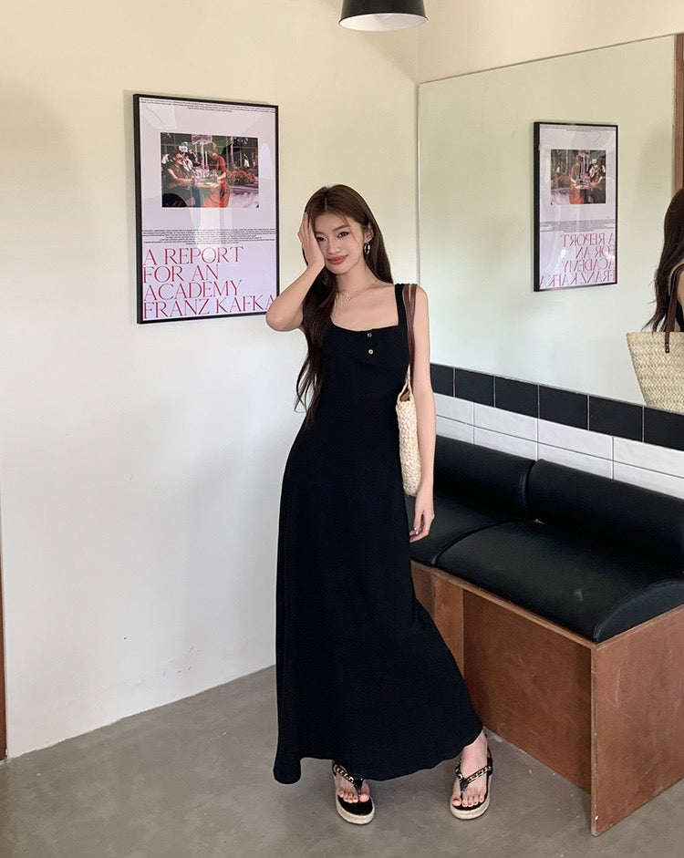 紐扣設計吊帶背心裙
