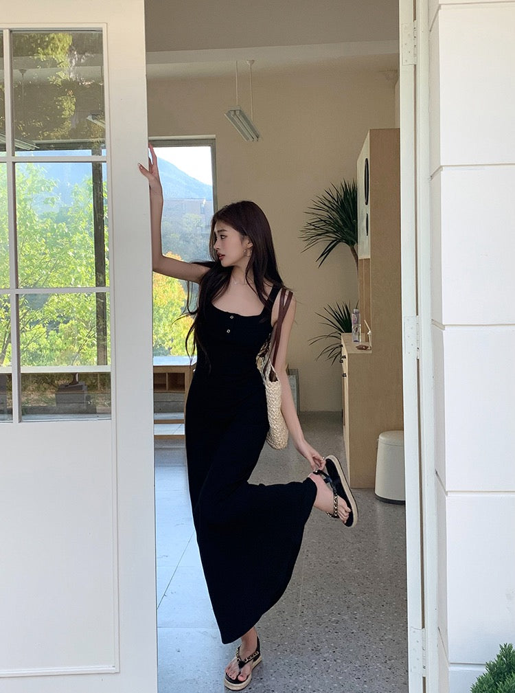 紐扣設計吊帶背心裙