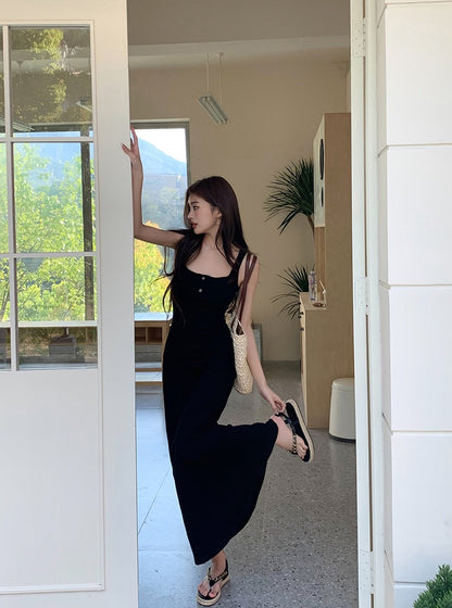 紐扣設計吊帶背心裙