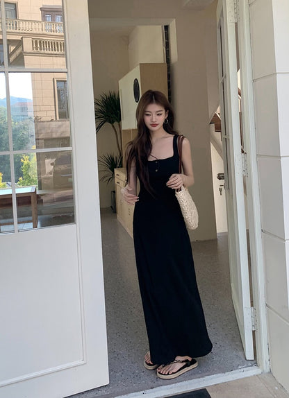 紐扣設計吊帶背心裙