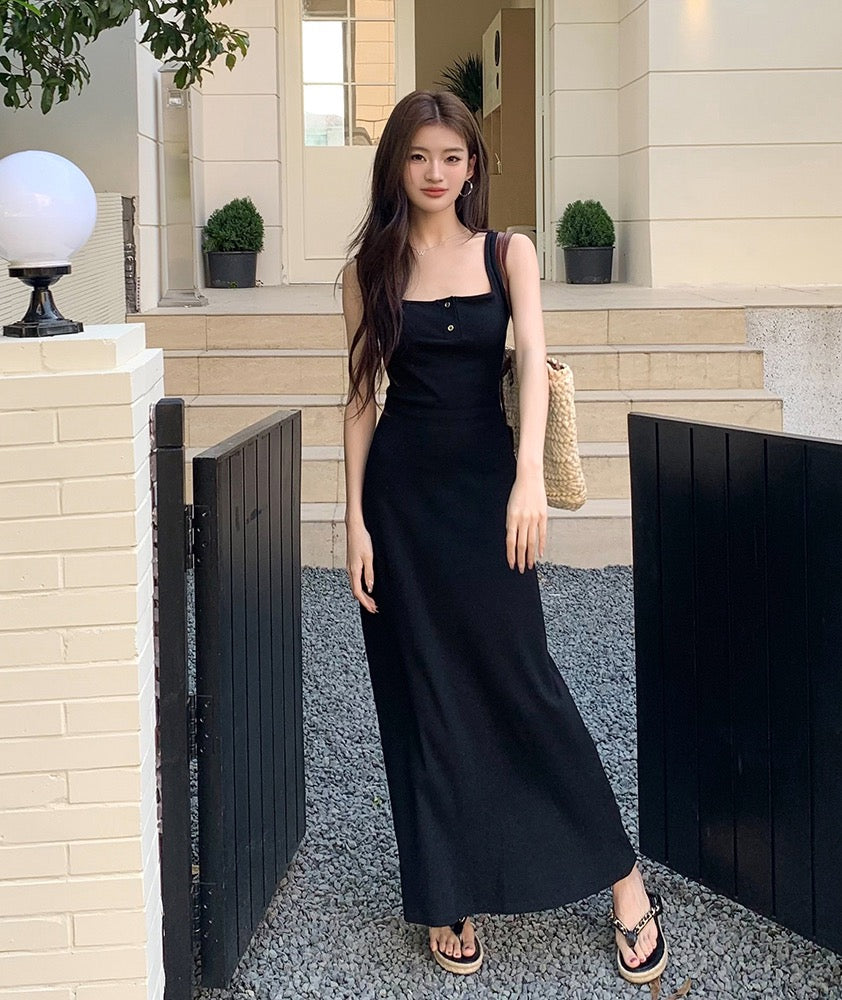 紐扣設計吊帶背心裙