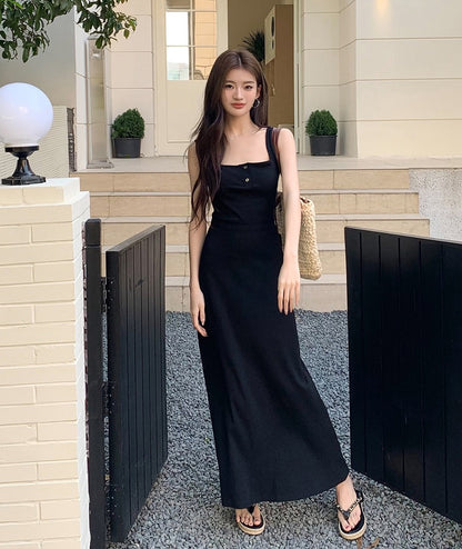 紐扣設計吊帶背心裙