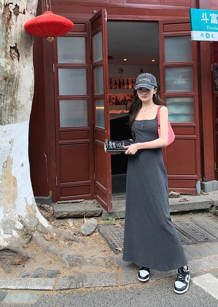 紐扣設計吊帶背心裙