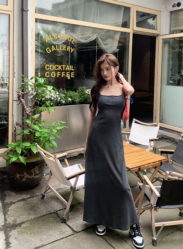 紐扣設計吊帶背心裙