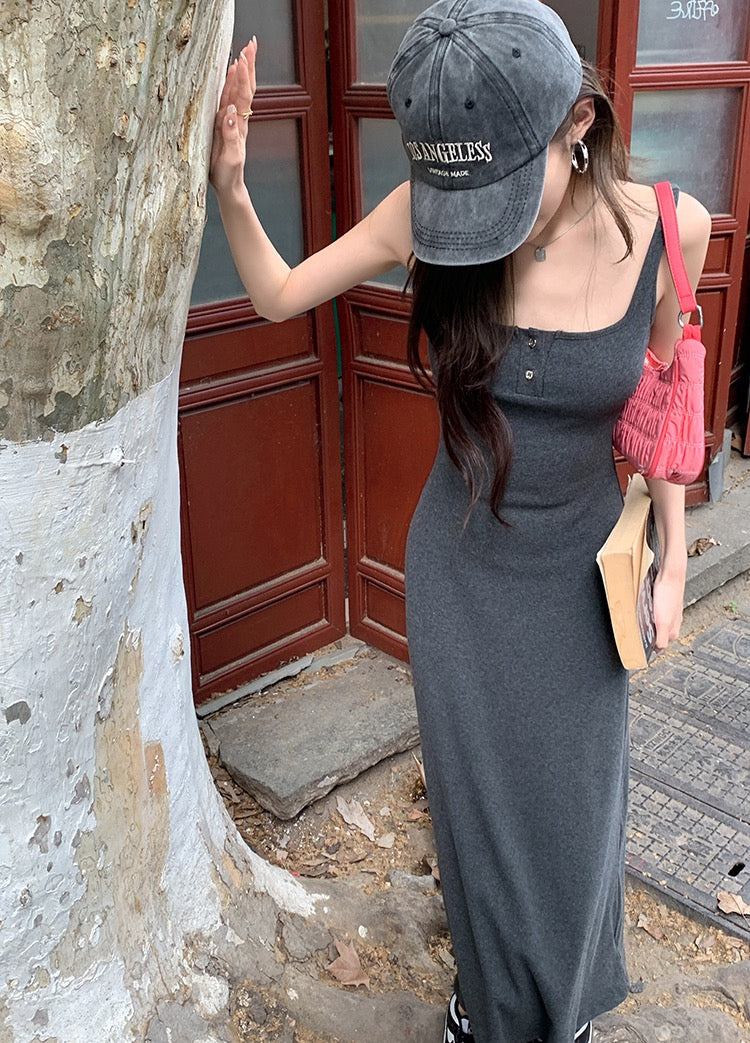 紐扣設計吊帶背心裙