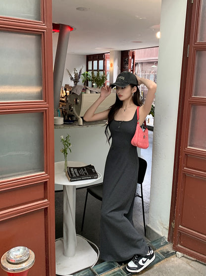 紐扣設計吊帶背心裙