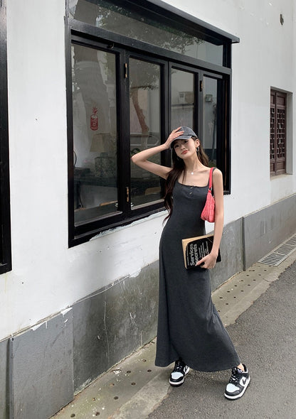 紐扣設計吊帶背心裙