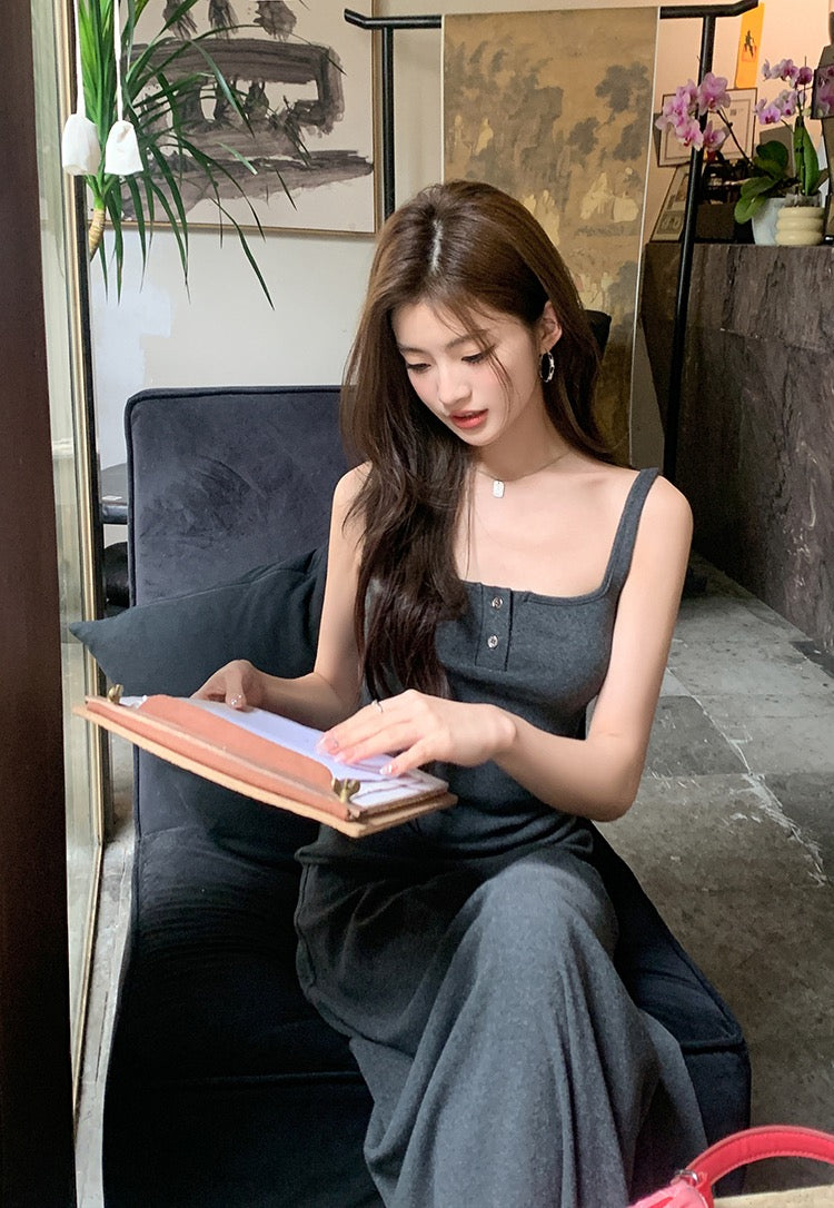 紐扣設計吊帶背心裙