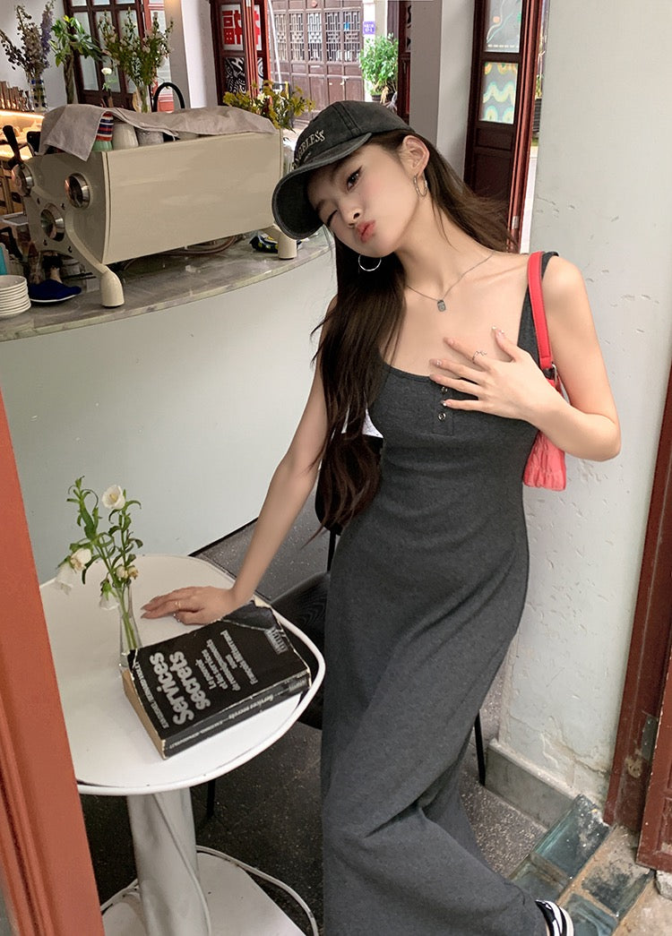 紐扣設計吊帶背心裙