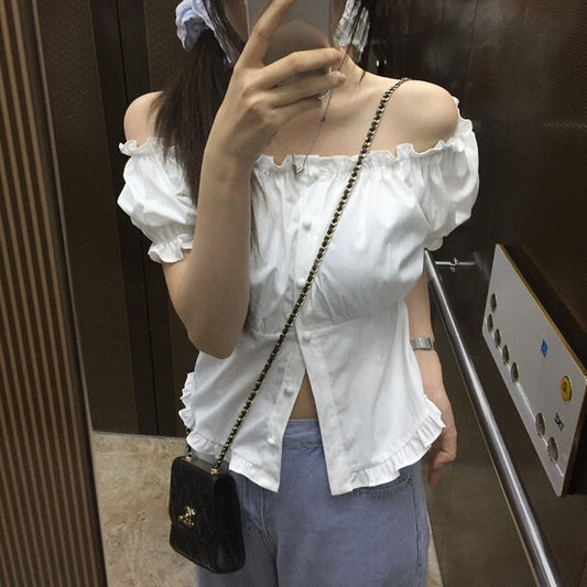 法式一字肩木耳邊恤衫