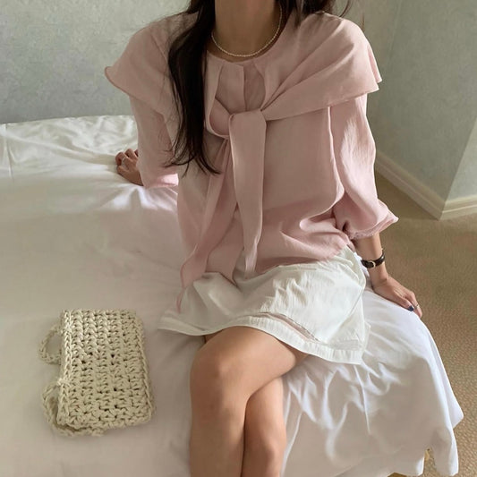 甜美三角形系帶恤衫