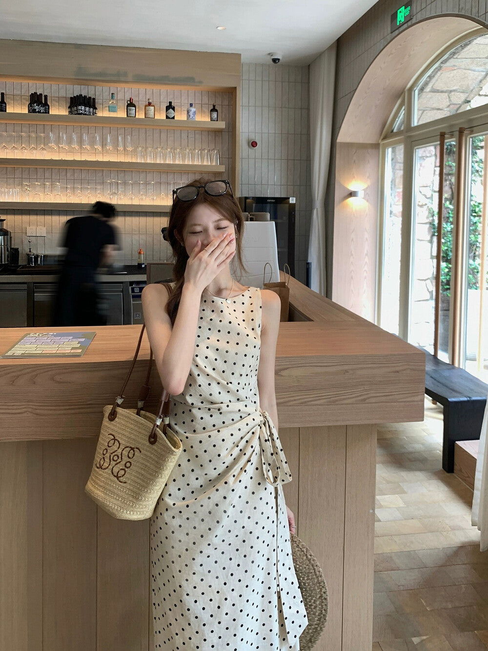 Elegant Polka Dot Side-Tucked Waist Dress