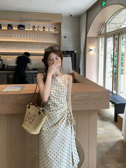 Elegant Polka Dot Side-Tucked Waist Dress
