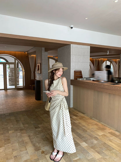 Elegant Polka Dot Side-Tucked Waist Dress