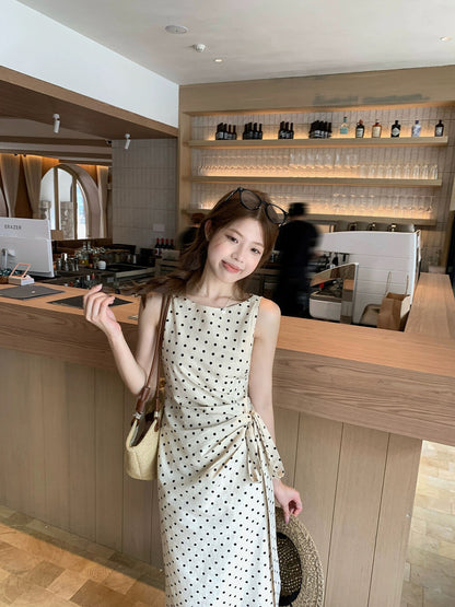 Elegant Polka Dot Side-Tucked Waist Dress