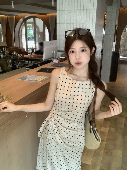 Elegant Polka Dot Side-Tucked Waist Dress