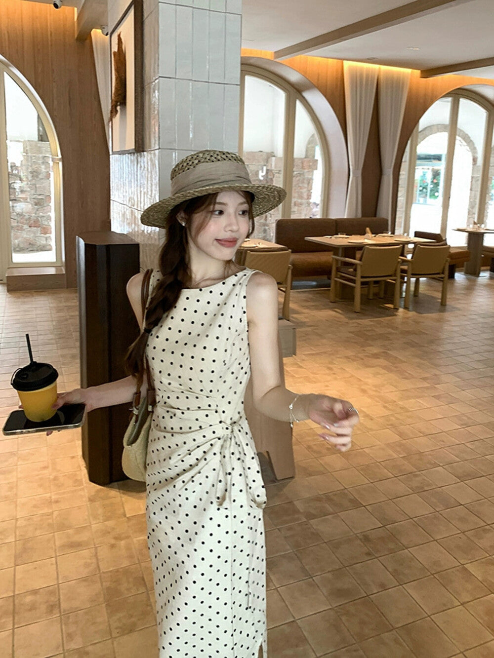 Elegant Polka Dot Side-Tucked Waist Dress