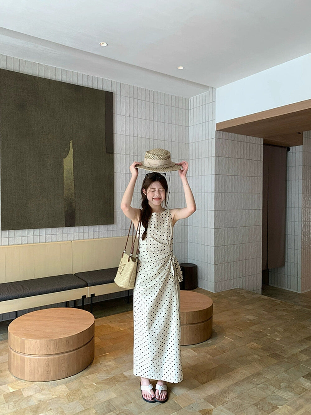 Elegant Polka Dot Side-Tucked Waist Dress