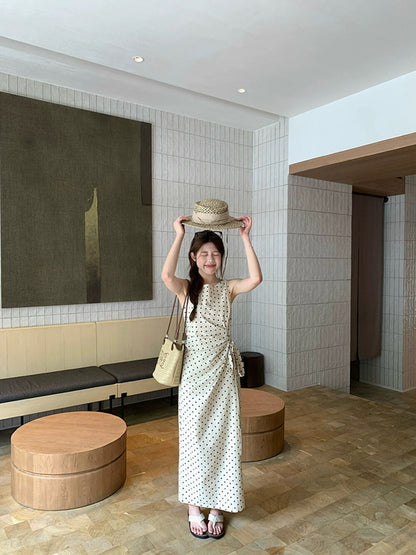 Elegant Polka Dot Side-Tucked Waist Dress