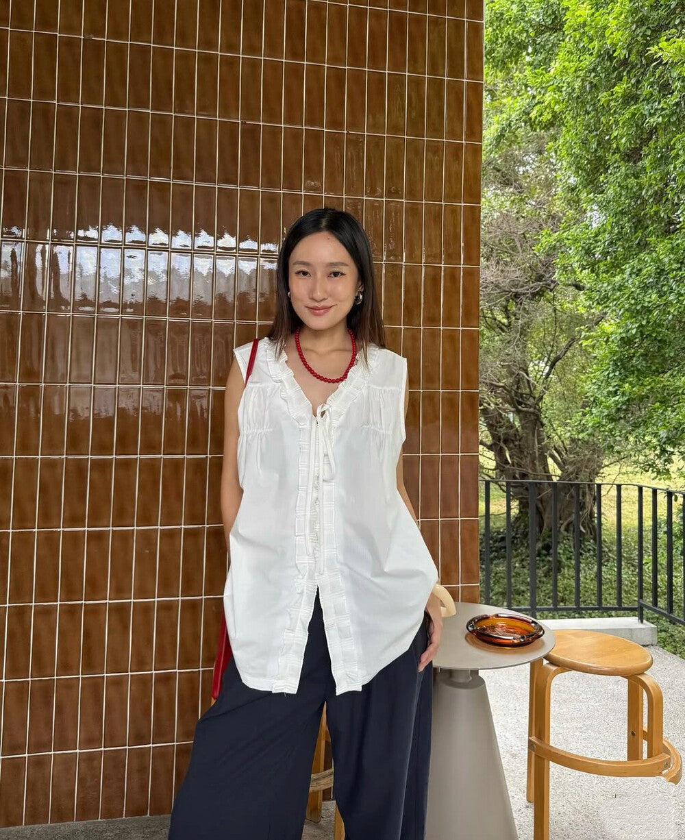 V領寬鬆木耳邊無袖恤衫