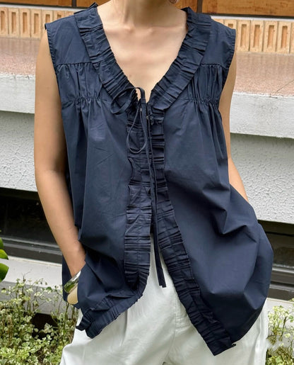 V領寬鬆木耳邊無袖恤衫