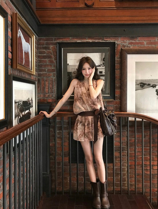 豹柄ノースリーブトップス+スカートセット