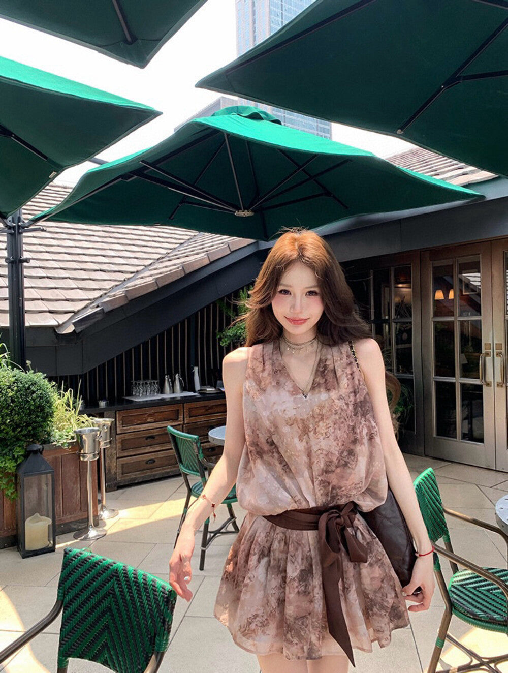 豹柄ノースリーブトップス+スカートセット