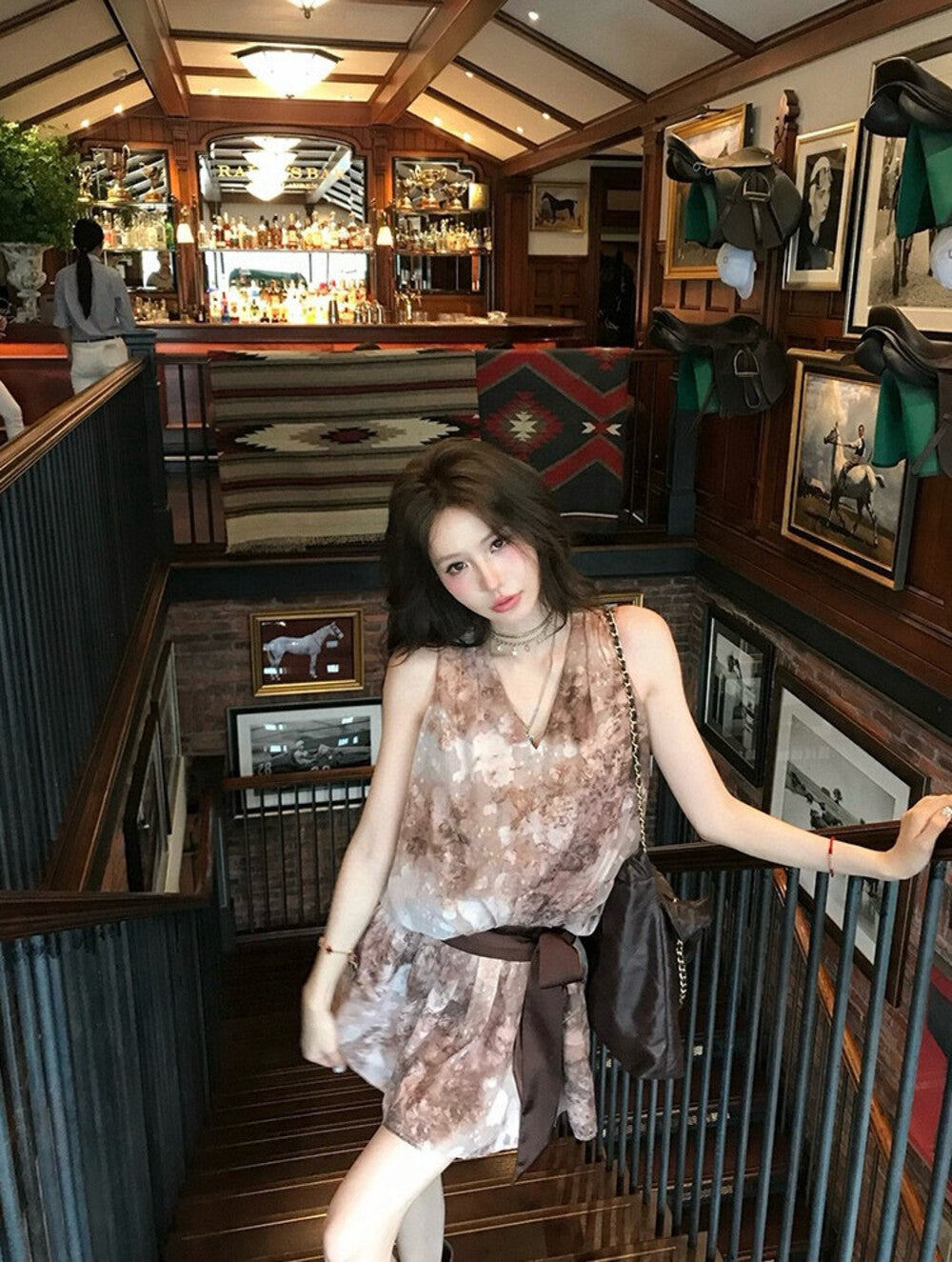 豹柄ノースリーブトップス+スカートセット